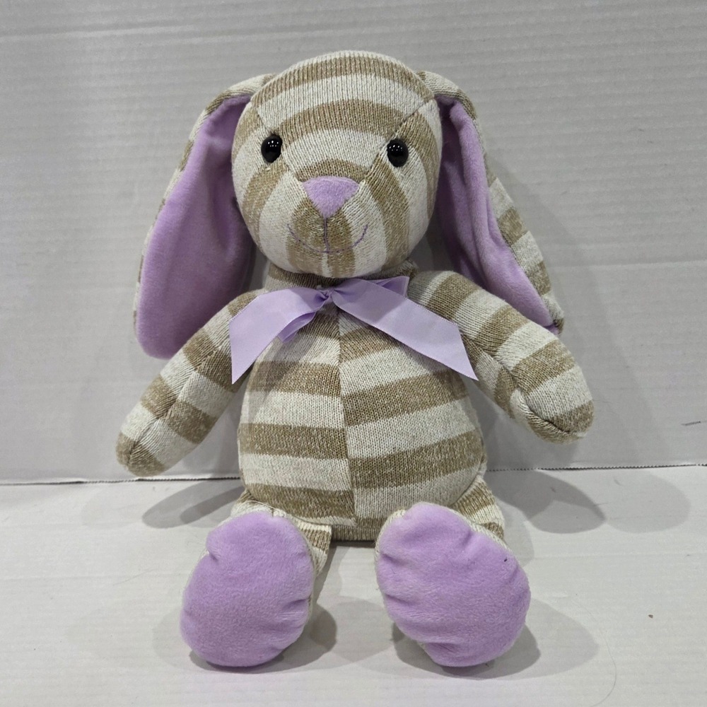 Kellytoy Striped Knit Plush Bunny Rabbit Tan Purple Bow Stuffed Animal Q042